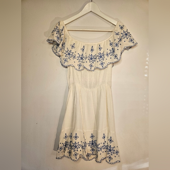 Blue and White Ruffle Embroidered Skater Dress. Brand: Lulus. Size: Small - Picture 3 of 5